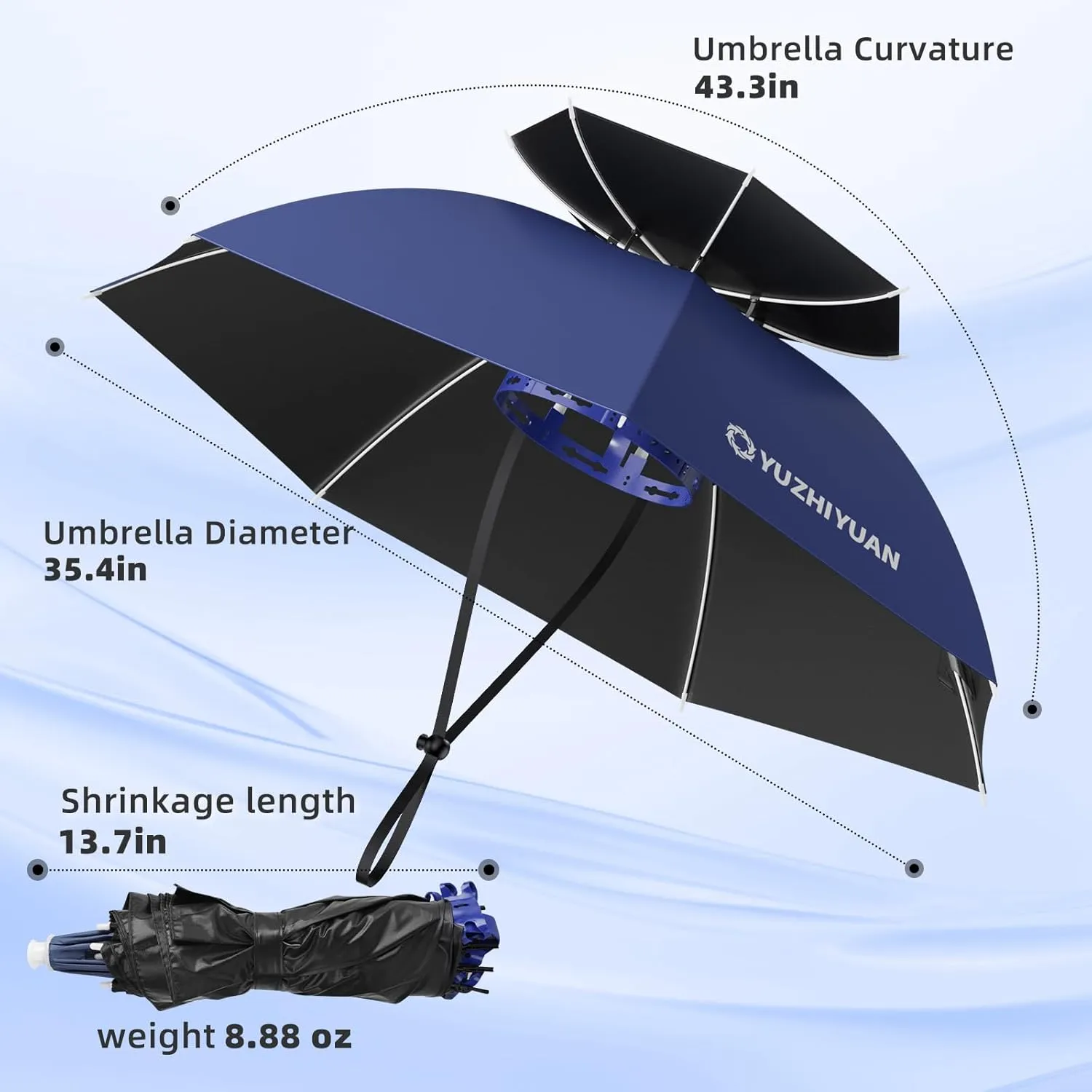 Umbrella Hat, 30.7/35.4/42.9 inch Umbrella Hats for Adults, Professional Black Coating Provides UPF 50  UV Protection, Silicone Headband and Chin Strap for Fishing, Camping, Gardening Shade and more.