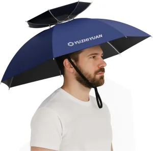 Umbrella Hat, 30.7/35.4/42.9 inch Umbrella Hats for Adults, Professional Black Coating Provides UPF 50  UV Protection, Silicone Headband and Chin Strap for Fishing, Camping, Gardening Shade and more.