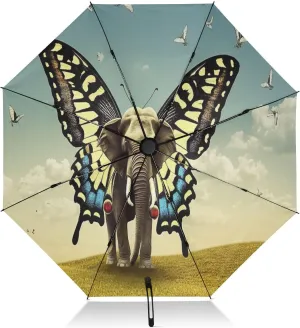 Umbrellas for Rain, Umbrella Compact Windproof, Ideal for Car, Purse, Men and Women, Elephant Butterfly
