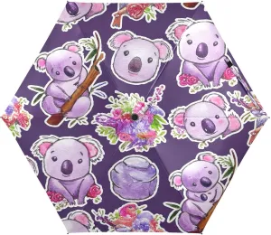 Umbrellas for Sun, Windproof Folding Umbrella, Ideal for Car, Purse, Men and Women, Cute Koala Purple