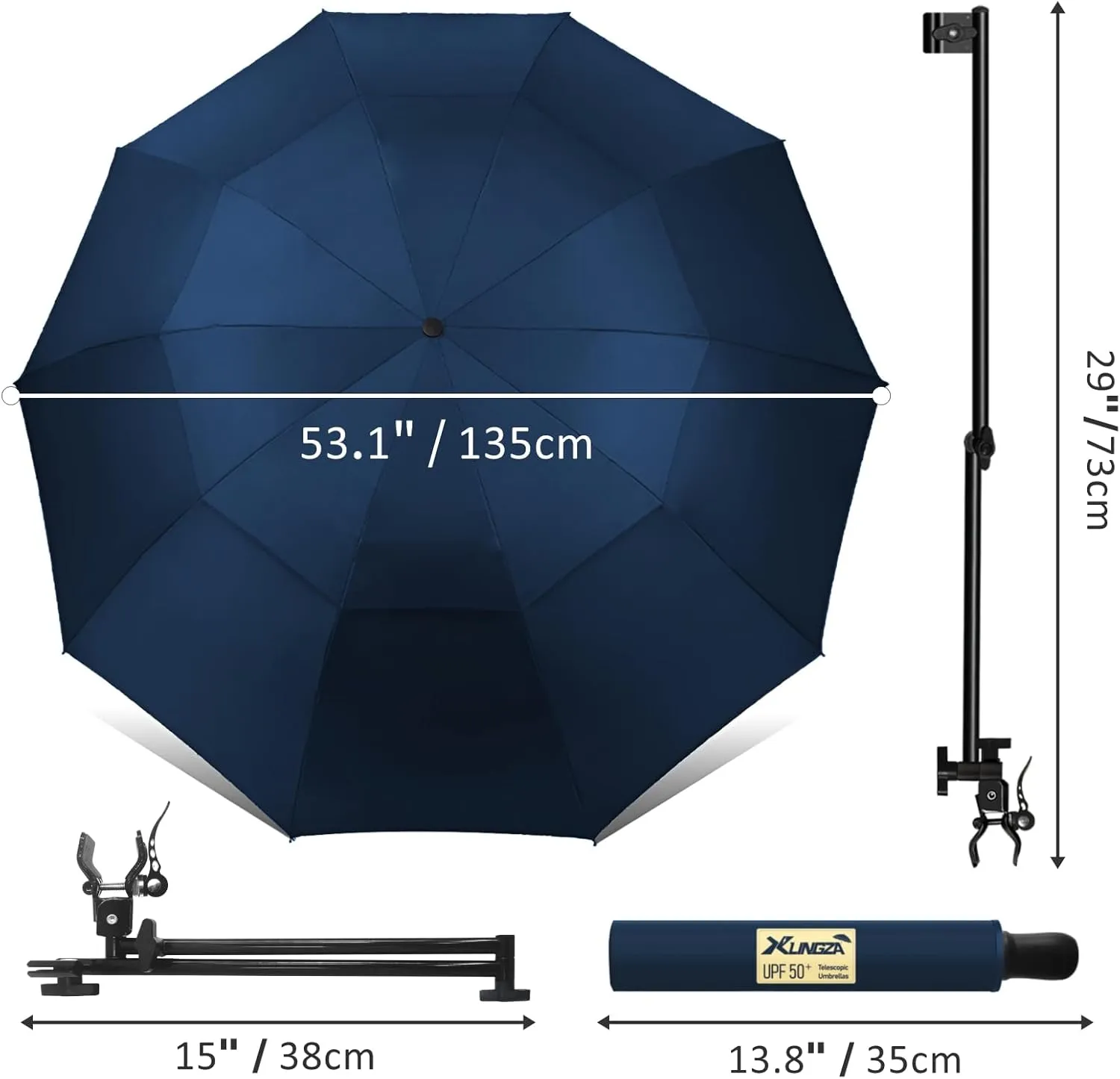 UPF 50  Beach Umbrella with Adjustable Universal Clamp
