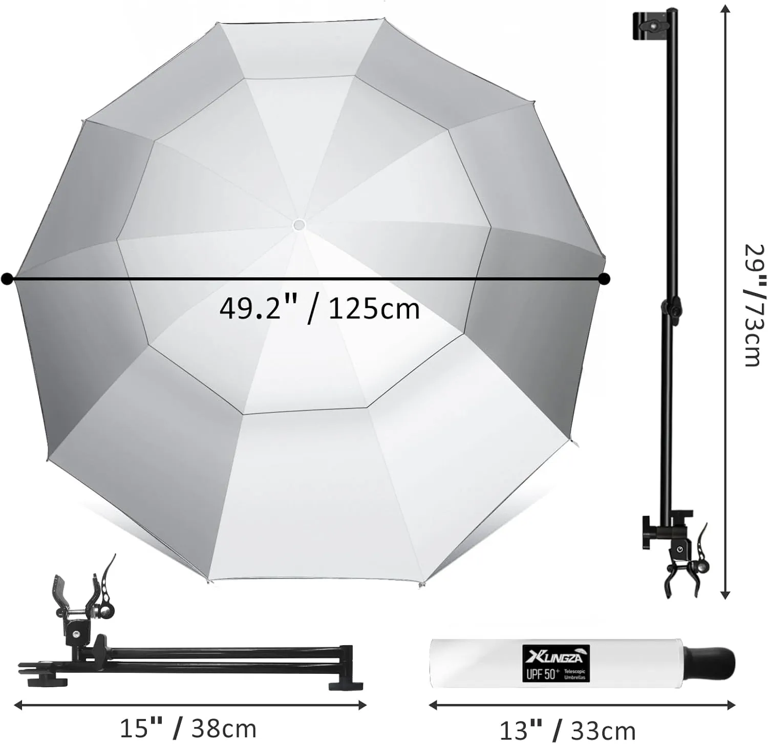 UPF 50  Beach Umbrella with Adjustable Universal Clamp