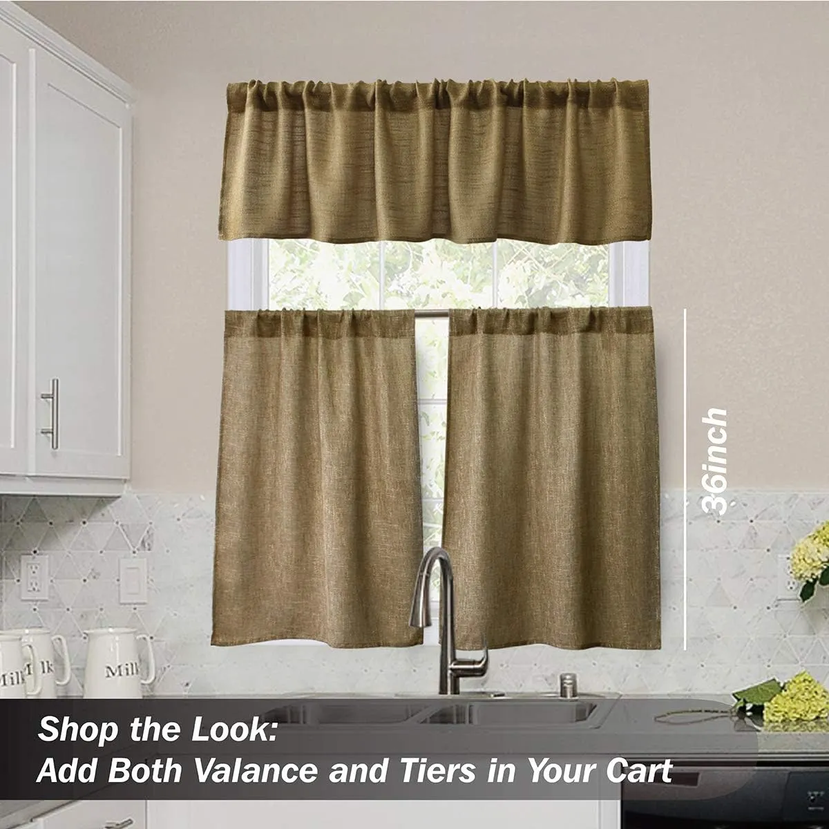 Valea Home Burlap Tier Curtains for Kitchen Rustic Tan Rod Pocket Curtains for Short Window 36 inch Linen Cafe Curtains, Set of 2