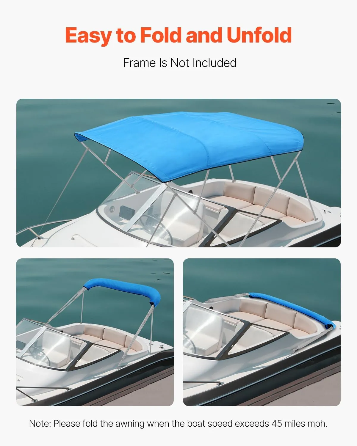 VEVOR Bimini Top Cover Replacement, Fit 4 Bow Boat 600D Polyester Canopy, Waterproof & Sun Protection Boat Awning Canopy with Storage Bag, NOT Included Support Frame