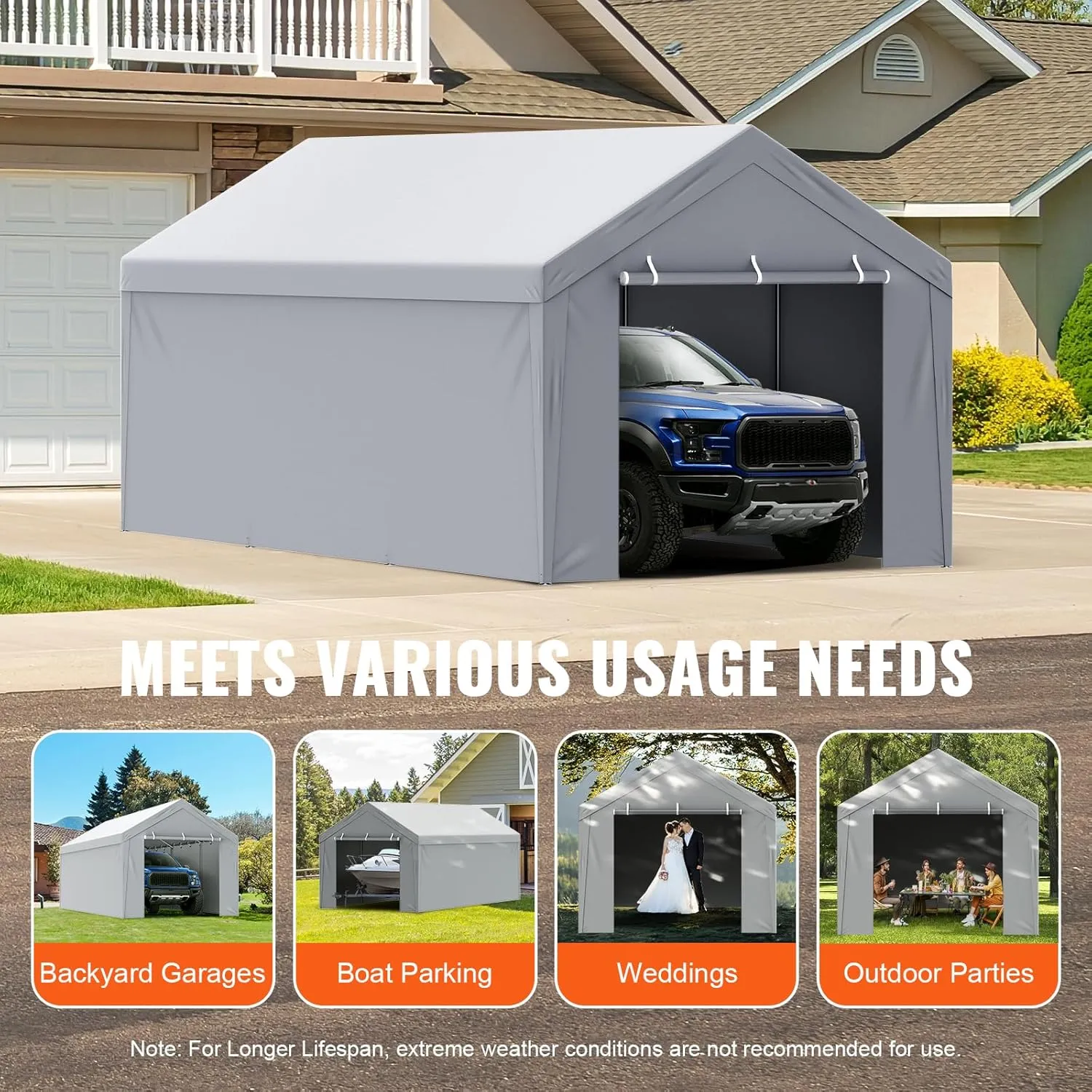 VEVOR Carport Replacement Canopy Cover Top   Side Wall 13 x 20 ft, Garage Tent Shelter Tarp Heavy-Duty Waterproof & UV Protected, Easy Installation with Ball Bungees,Grey (Frame Not Included)