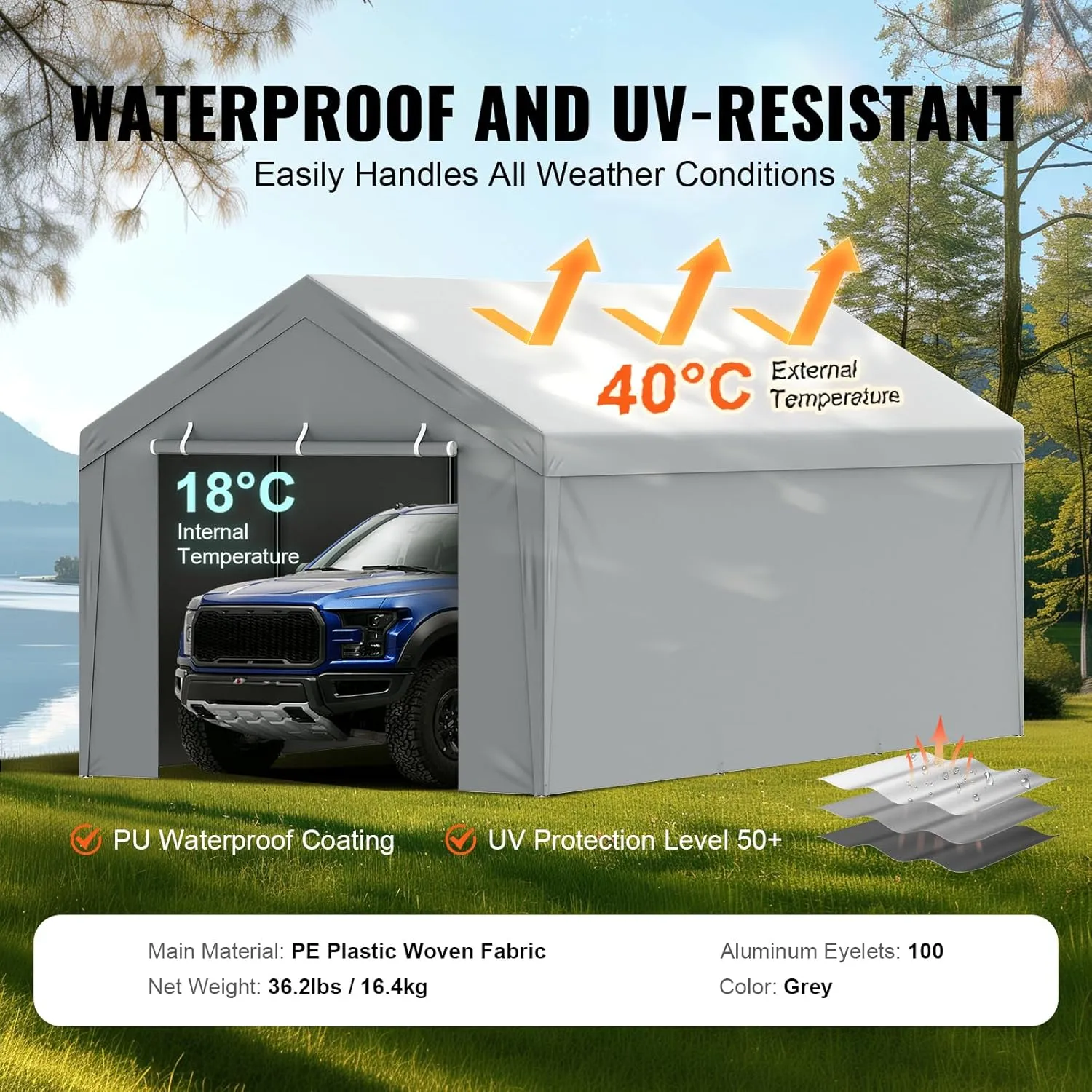 VEVOR Carport Replacement Canopy Cover Top   Side Wall 13 x 20 ft, Garage Tent Shelter Tarp Heavy-Duty Waterproof & UV Protected, Easy Installation with Ball Bungees,Grey (Frame Not Included)