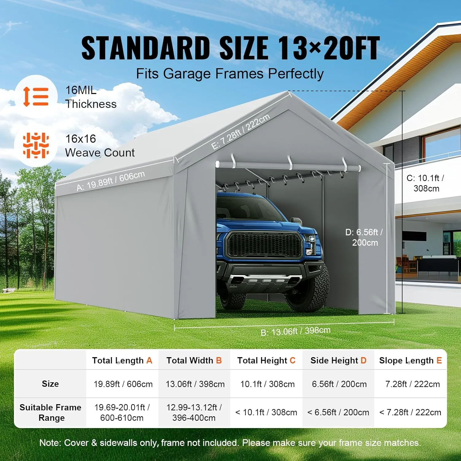 VEVOR Carport Replacement Canopy Cover Top   Side Wall 13 x 20 ft, Garage Tent Shelter Tarp Heavy-Duty Waterproof & UV Protected, Easy Installation with Ball Bungees,Grey (Frame Not Included)
