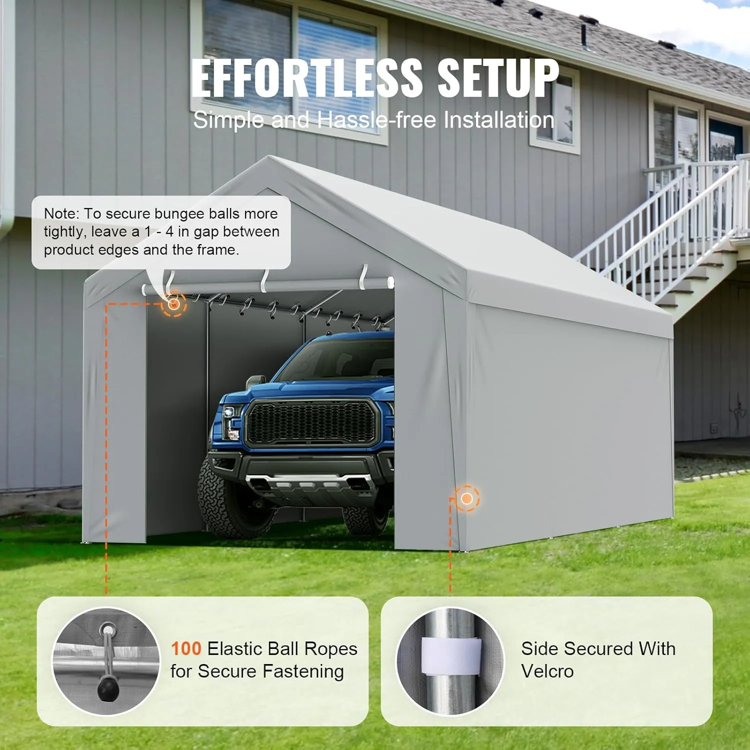 VEVOR Carport Replacement Canopy Cover Top   Side Wall 13 x 20 ft, Garage Tent Shelter Tarp Heavy-Duty Waterproof & UV Protected, Easy Installation with Ball Bungees,Grey (Frame Not Included)