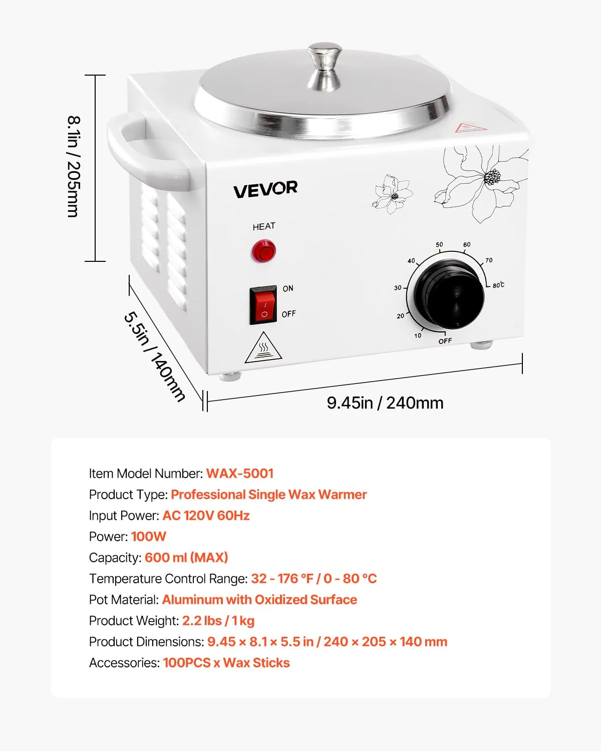 VEVOR Single Wax Warmer, 600ML Professional Wax Warmer for Hair Removal, 32 ℉ to 176℉ Adjustable Electric Waxing Heater Pot with 100PCS Waxing Sticks for Home Use, Beauty Salon, Spa