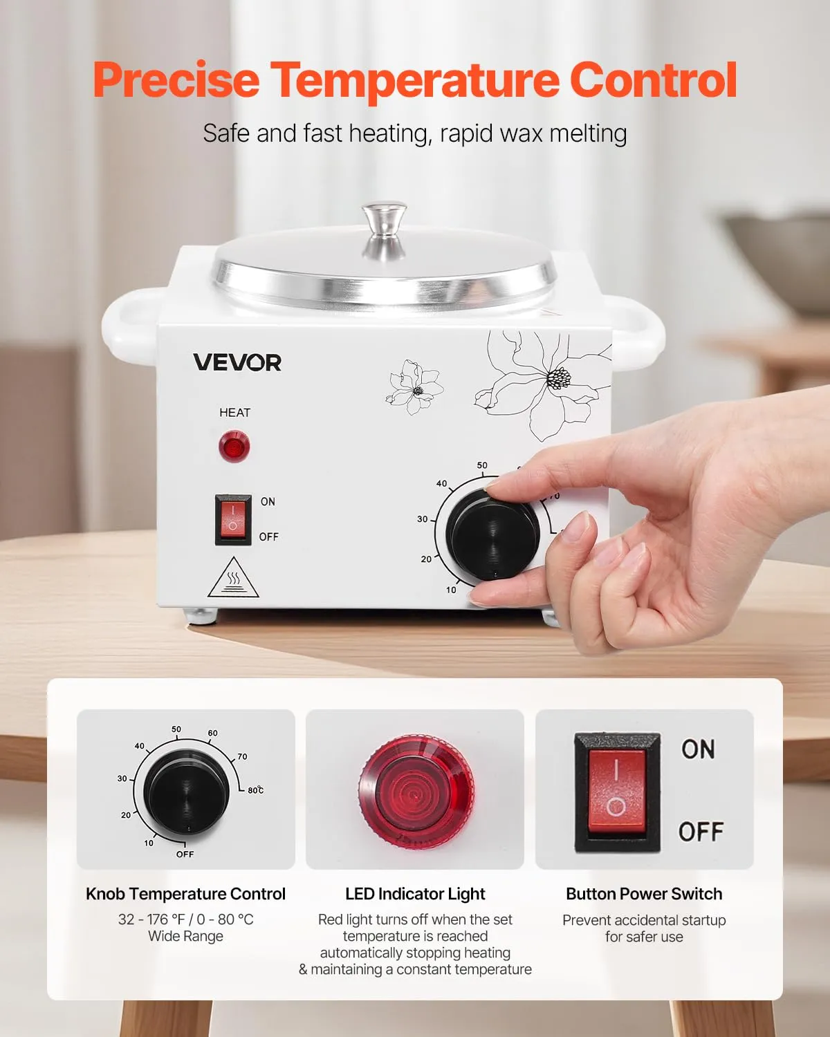 VEVOR Single Wax Warmer, 600ML Professional Wax Warmer for Hair Removal, 32 ℉ to 176℉ Adjustable Electric Waxing Heater Pot with 100PCS Waxing Sticks for Home Use, Beauty Salon, Spa