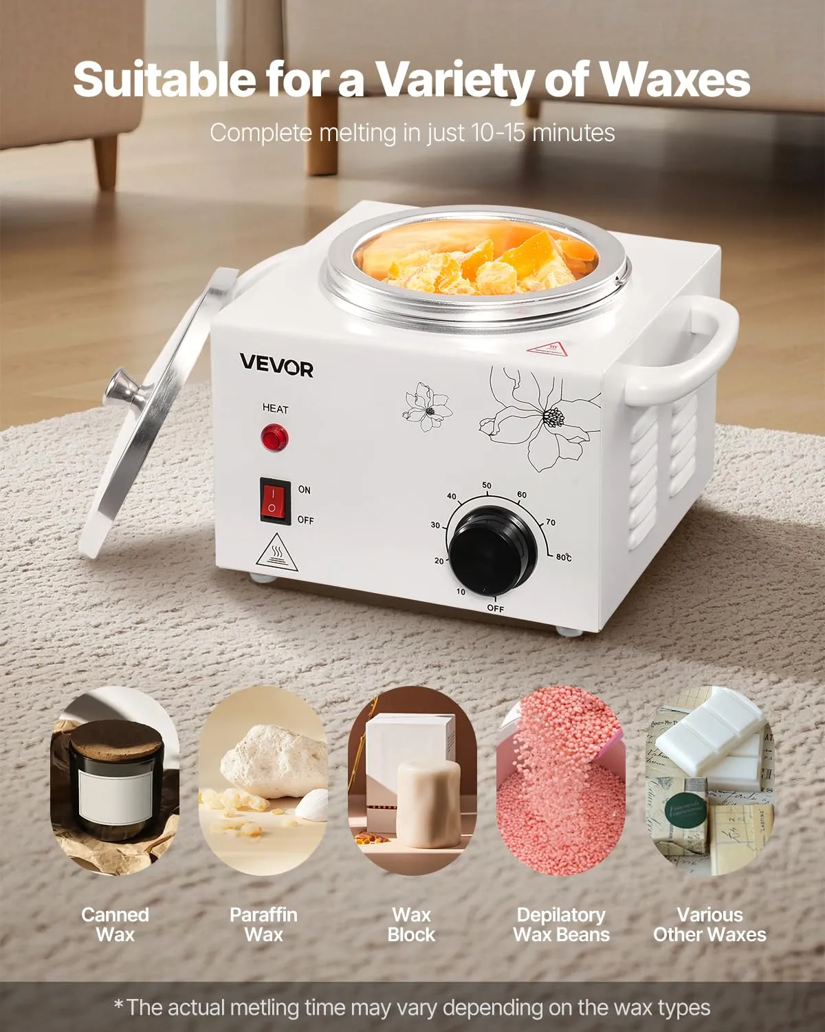 VEVOR Single Wax Warmer, 600ML Professional Wax Warmer for Hair Removal, 32 ℉ to 176℉ Adjustable Electric Waxing Heater Pot with 100PCS Waxing Sticks for Home Use, Beauty Salon, Spa