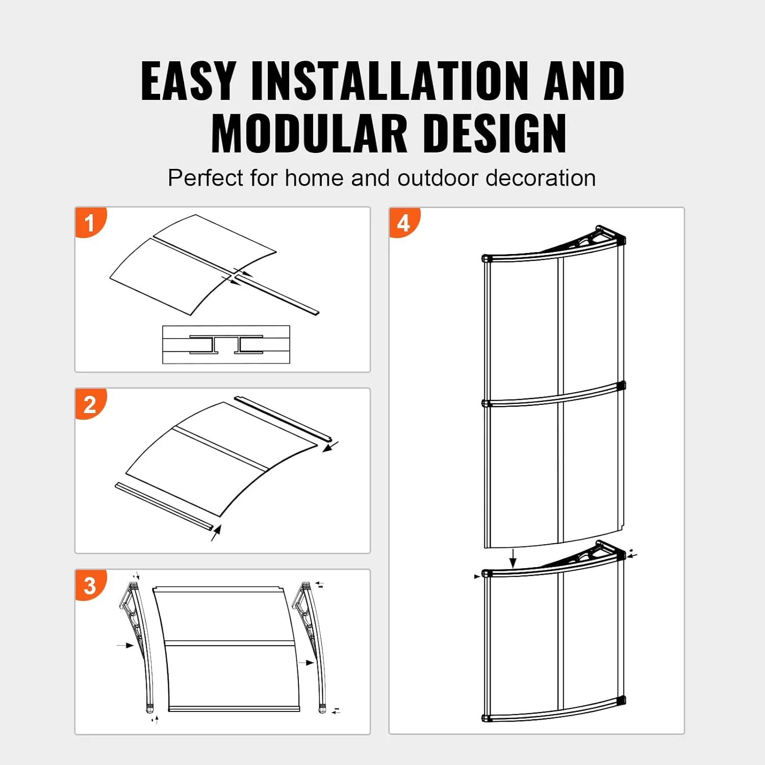 VEVOR Window Door Awning Canopy 117"x 38", UPF 50  Polycarbonate Entry Door Outdoor Window Awning Exterior, Front Door Overhang Canopy for Sun Shutter, UV, Rain, Snow Protection, Hollow Sheet