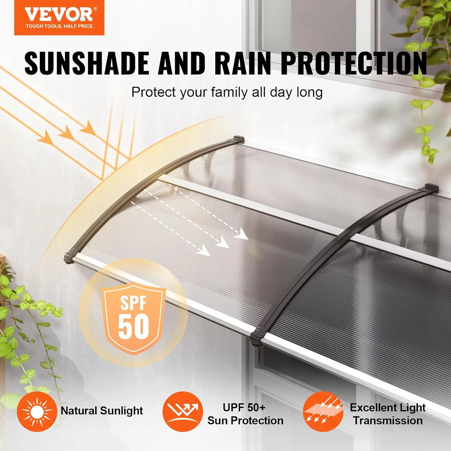 VEVOR Window Door Awning Canopy 117"x 38", UPF 50  Polycarbonate Entry Door Outdoor Window Awning Exterior, Front Door Overhang Canopy for Sun Shutter, UV, Rain, Snow Protection, Hollow Sheet