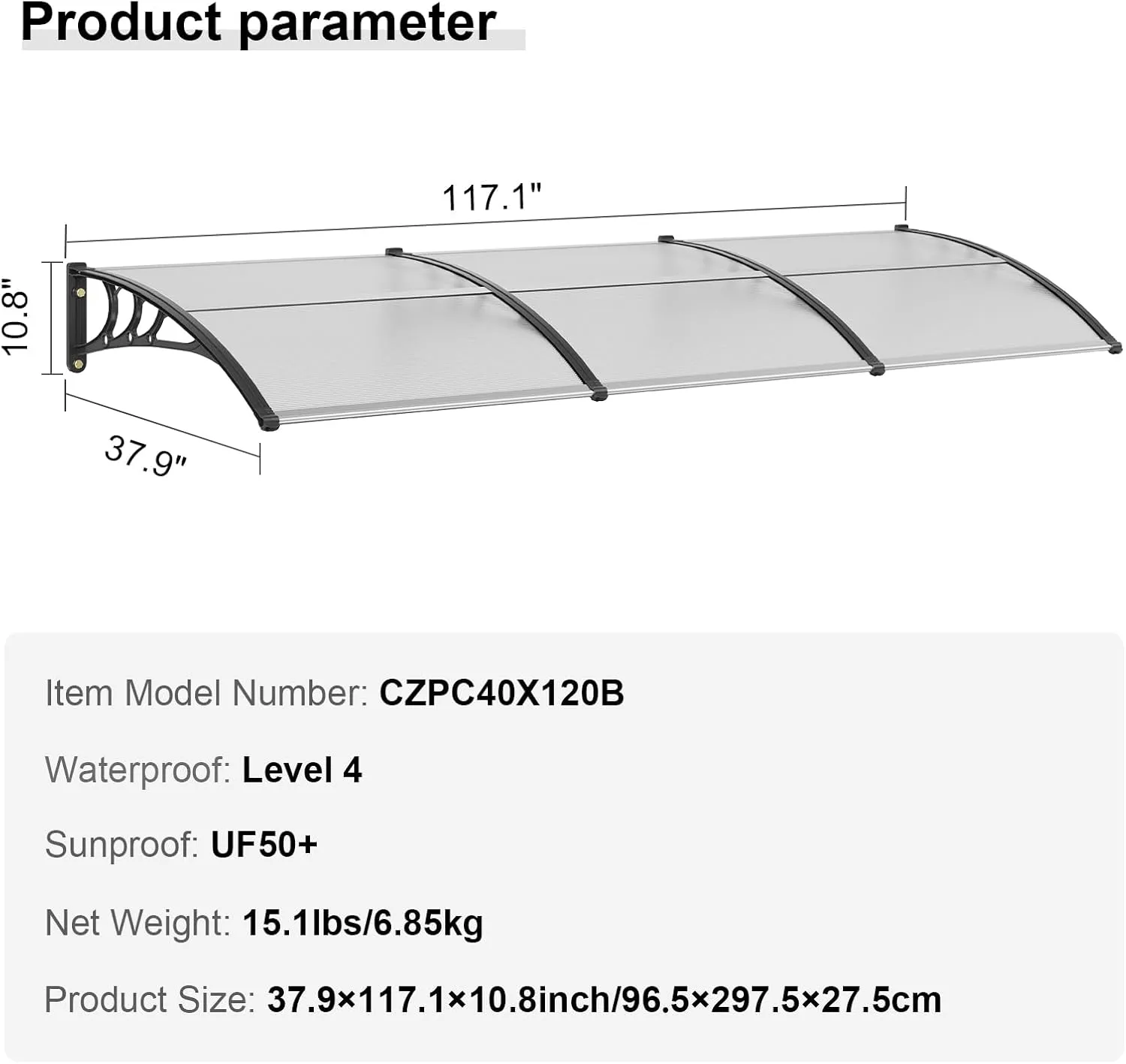 VEVOR Window Door Awning Canopy 117"x 38", UPF 50  Polycarbonate Entry Door Outdoor Window Awning Exterior, Front Door Overhang Canopy for Sun Shutter, UV, Rain, Snow Protection, Hollow Sheet