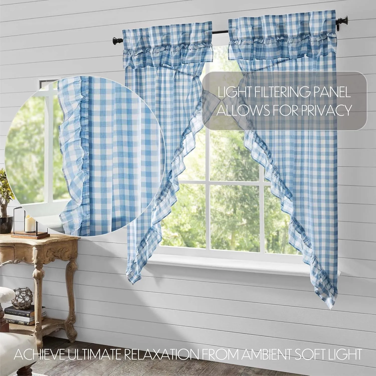 VHC Brands Annie Blue Buffalo Check Farmhouse Ruffled Prairie Short Panel Curtain Set 63x36x19