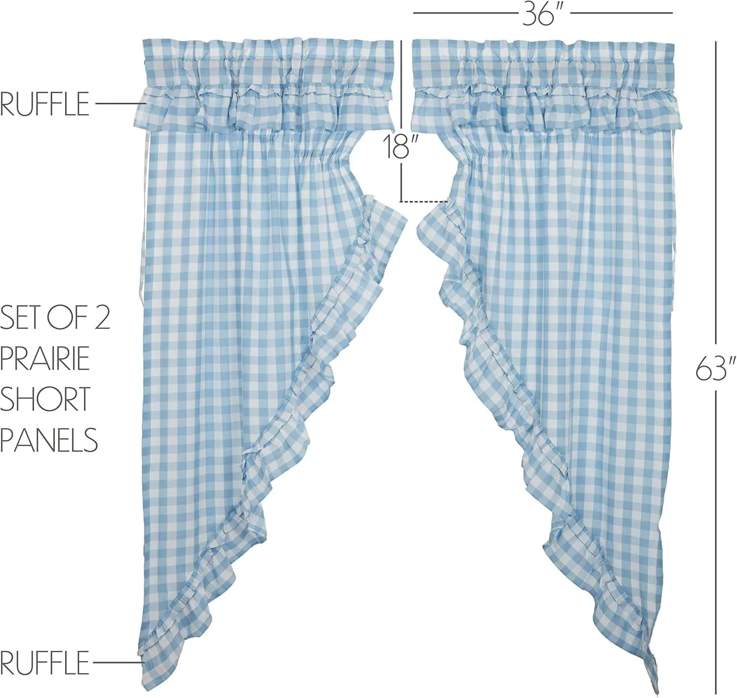 VHC Brands Annie Blue Buffalo Check Farmhouse Ruffled Prairie Short Panel Curtain Set 63x36x19