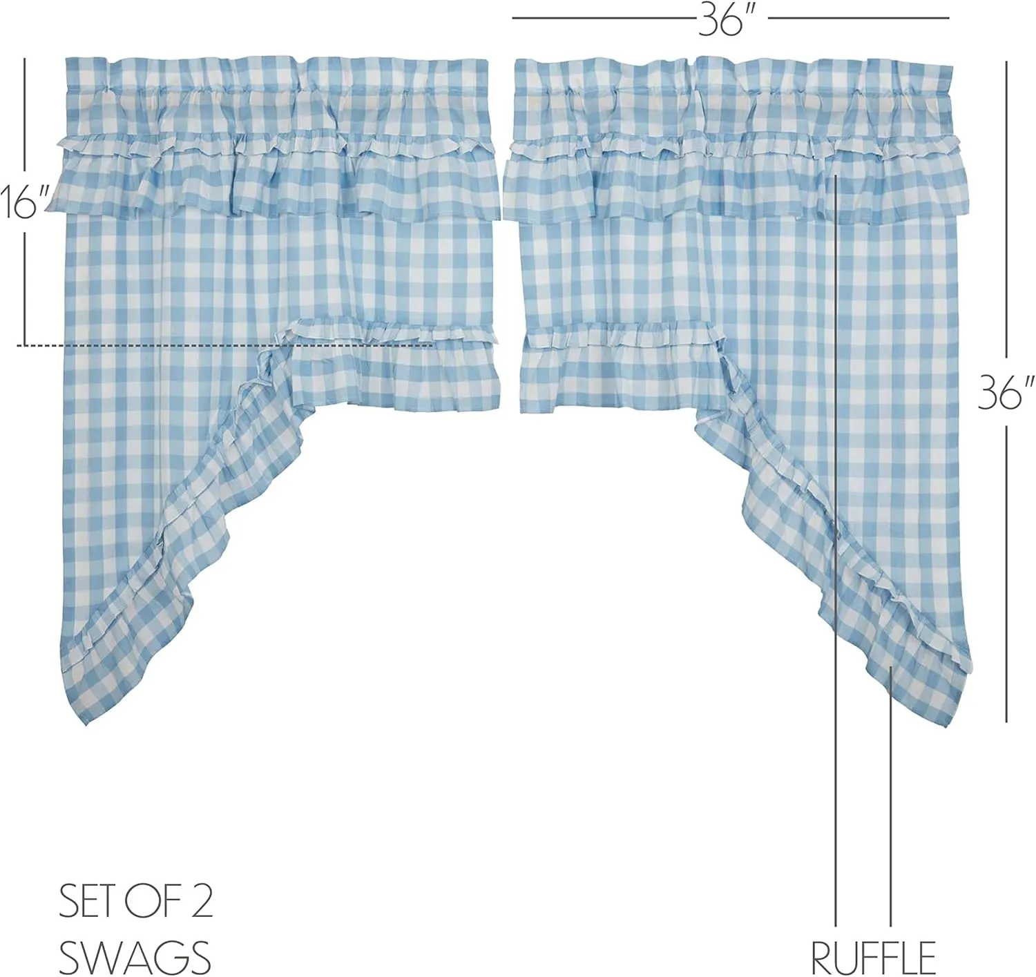 VHC Brands Annie Blue Buffalo Check Farmhouse Ruffled Swag Curtain Set 36x36x16
