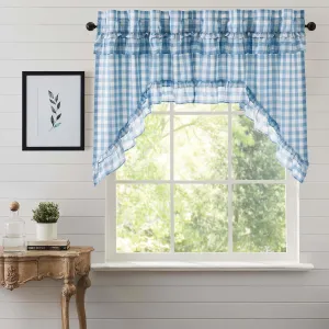 VHC Brands Annie Blue Buffalo Check Farmhouse Ruffled Swag Curtain Set 36x36x16