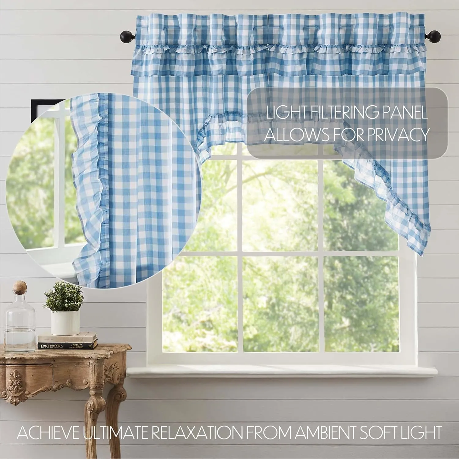 VHC Brands Annie Blue Buffalo Check Farmhouse Ruffled Swag Curtain Set 36x36x16