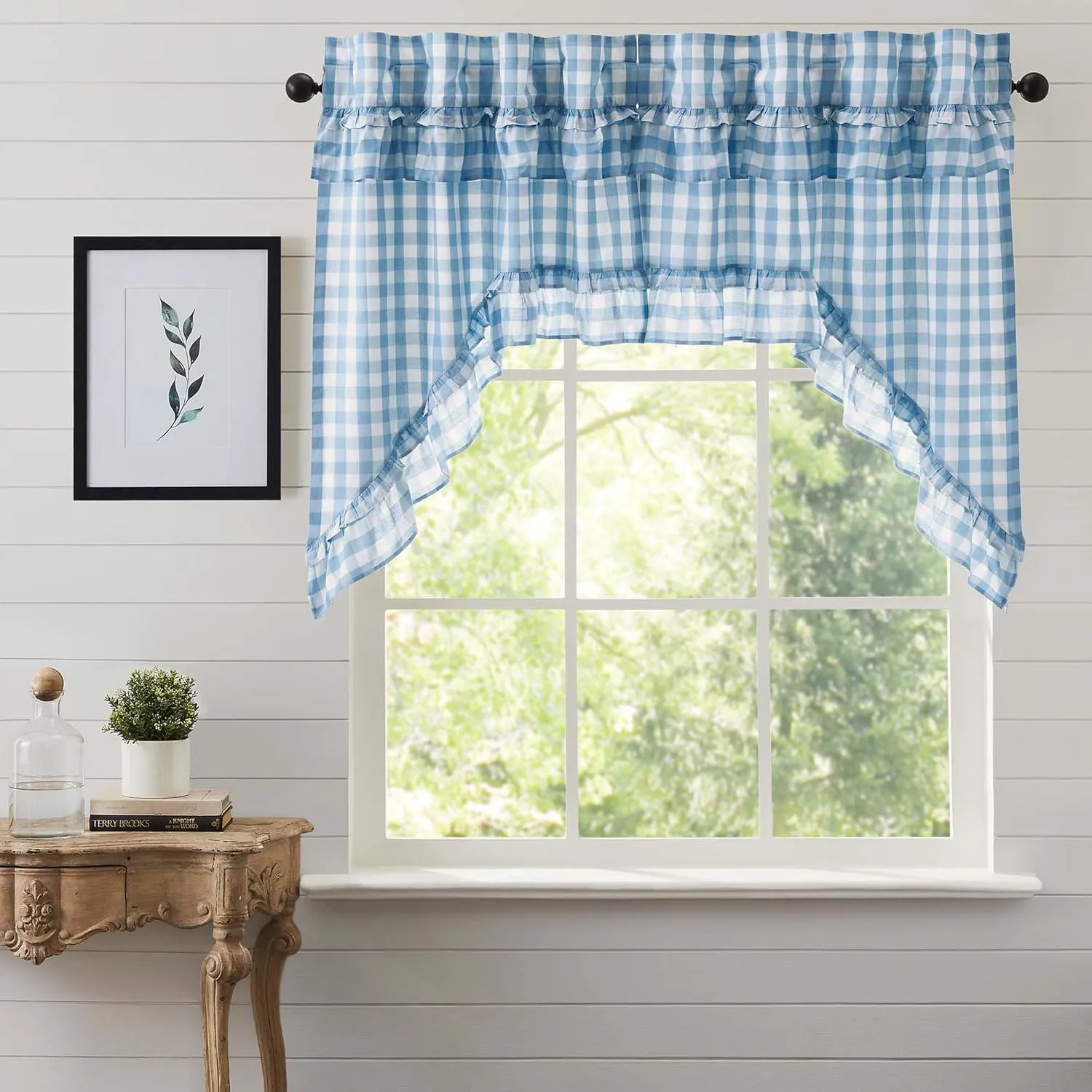 VHC Brands Annie Blue Buffalo Check Farmhouse Ruffled Swag Curtain Set 36x36x16