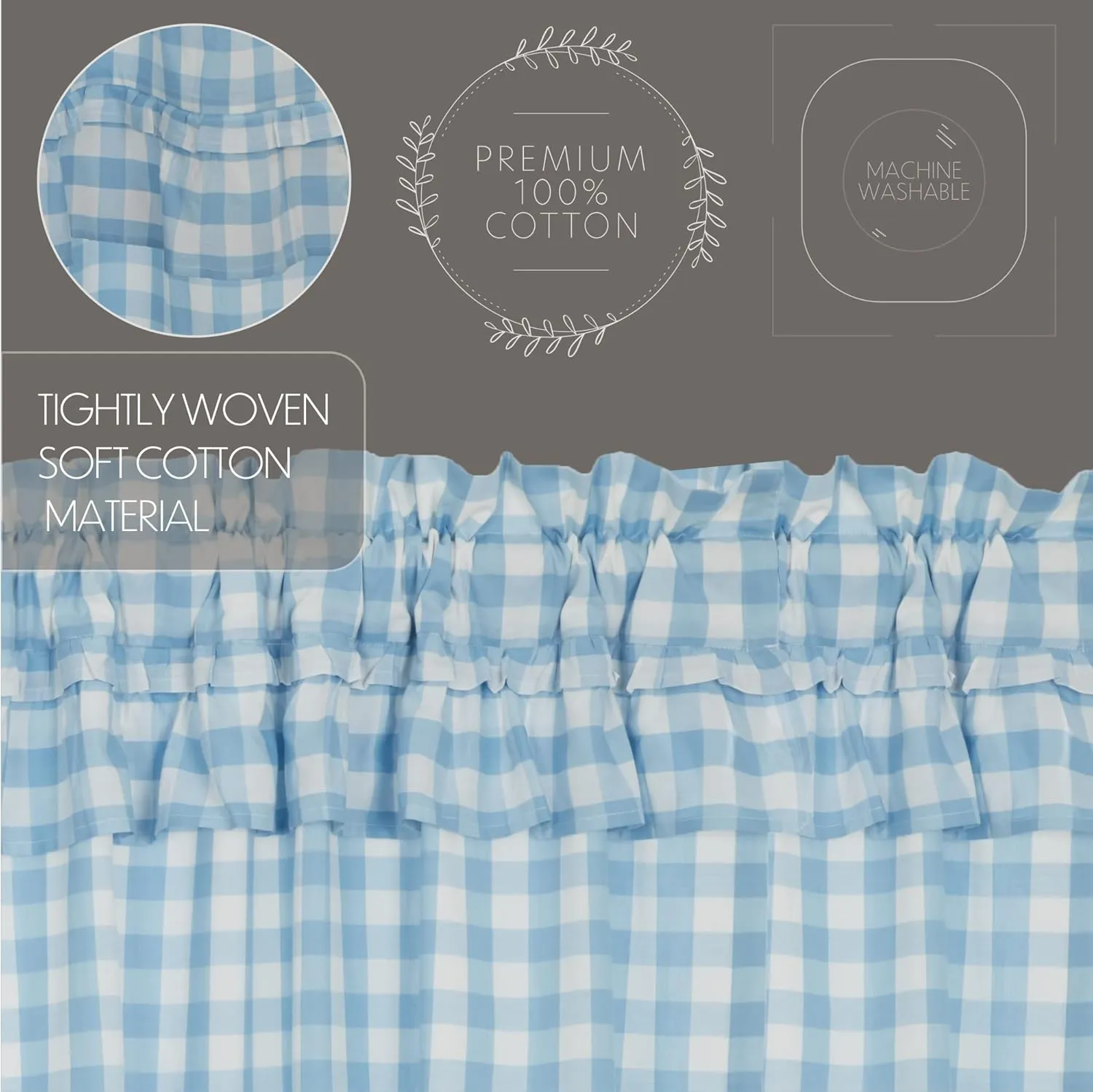 VHC Brands Annie Blue Buffalo Check Farmhouse Ruffled Swag Curtain Set 36x36x16