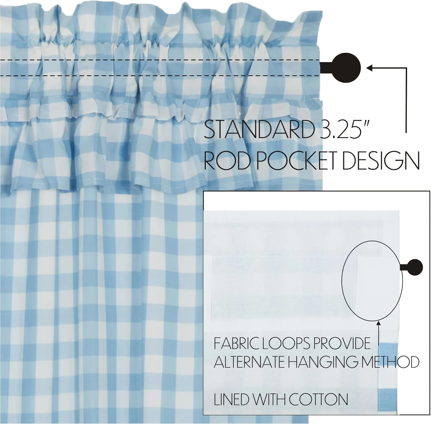 VHC Brands Annie Blue Buffalo Check Farmhouse Ruffled Swag Curtain Set 36x36x16