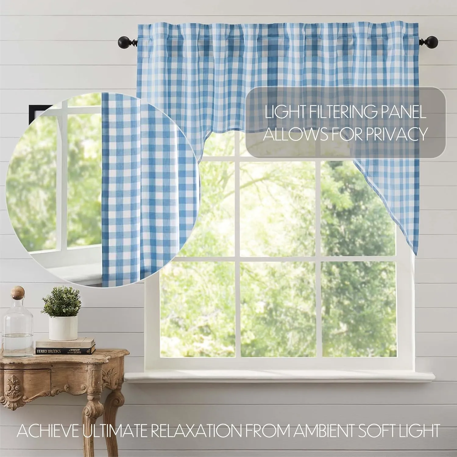 VHC Brands Annie Blue Buffalo Check Farmhouse Swag Kitchen Curtain Set 36x36x16