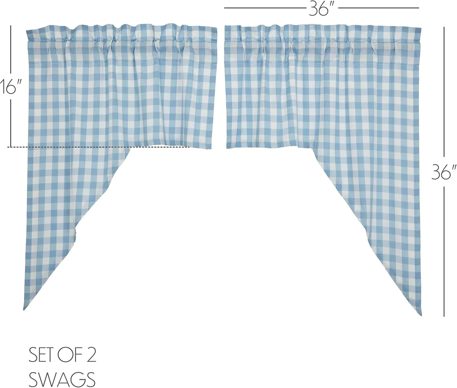 VHC Brands Annie Blue Buffalo Check Farmhouse Swag Kitchen Curtain Set 36x36x16