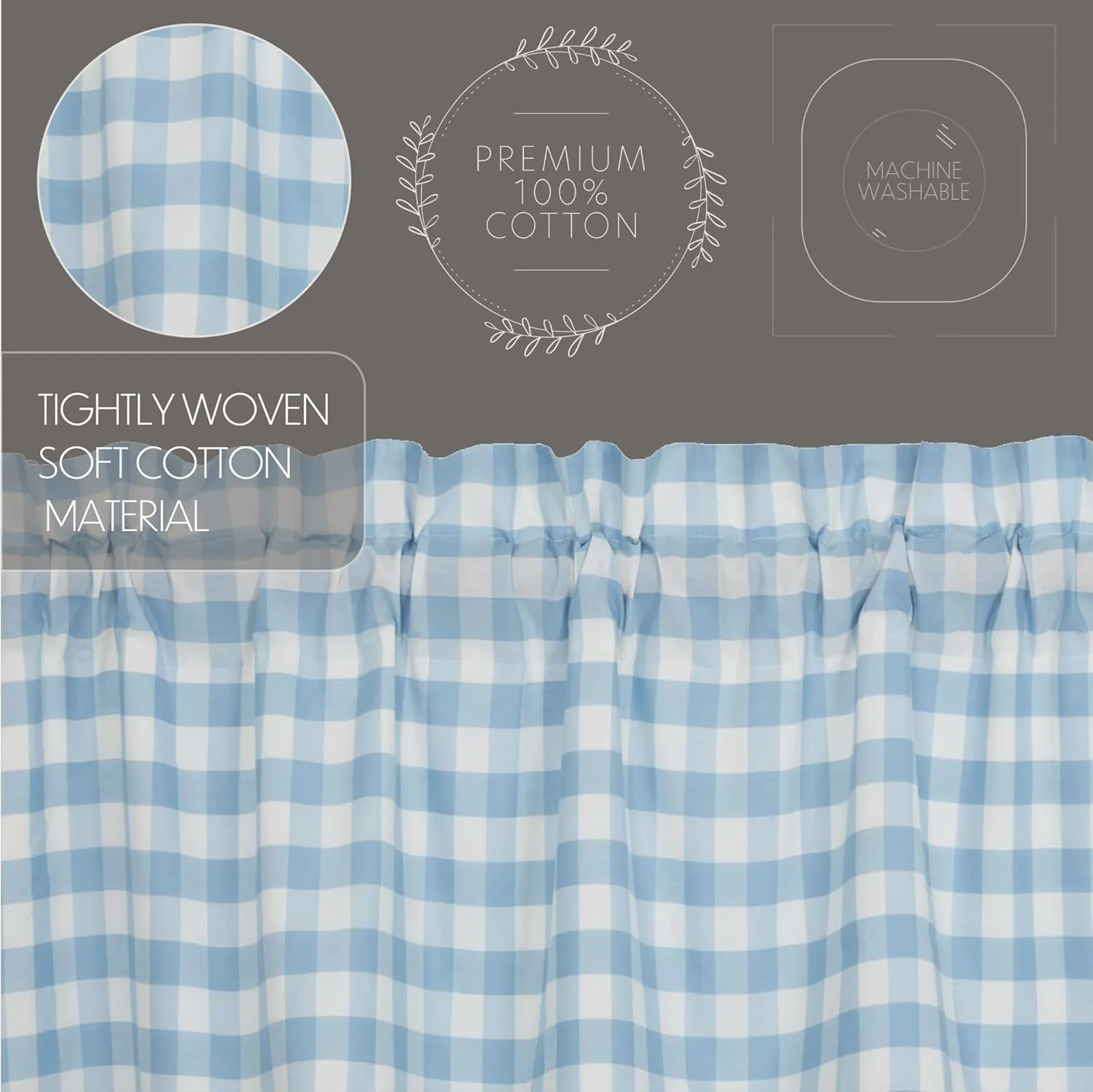 VHC Brands Annie Blue Buffalo Check Farmhouse Swag Kitchen Curtain Set 36x36x16