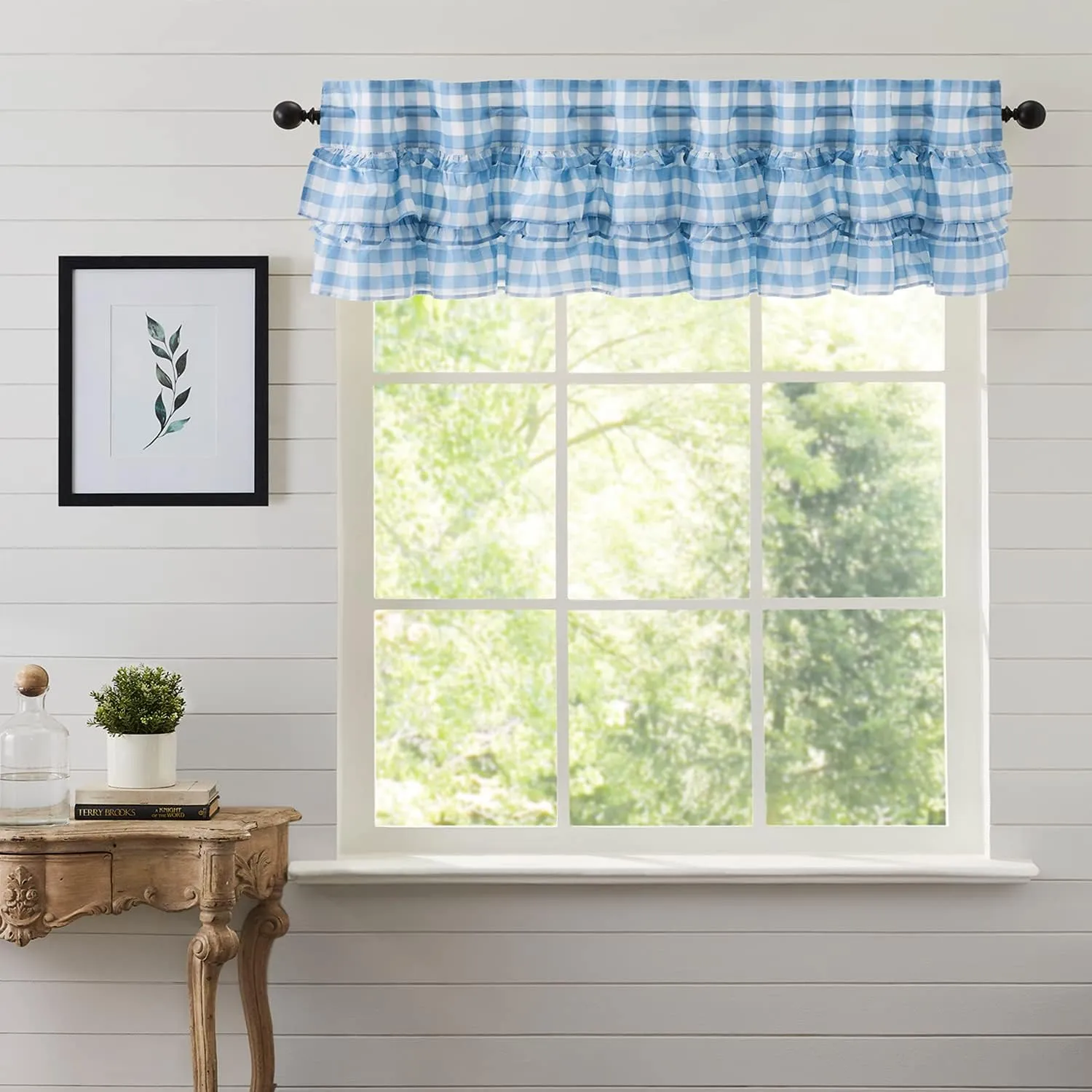 VHC Brands Annie Buffalo Blue Ruffled Check Farmhouse Kitchen Curtain Valance 16x72