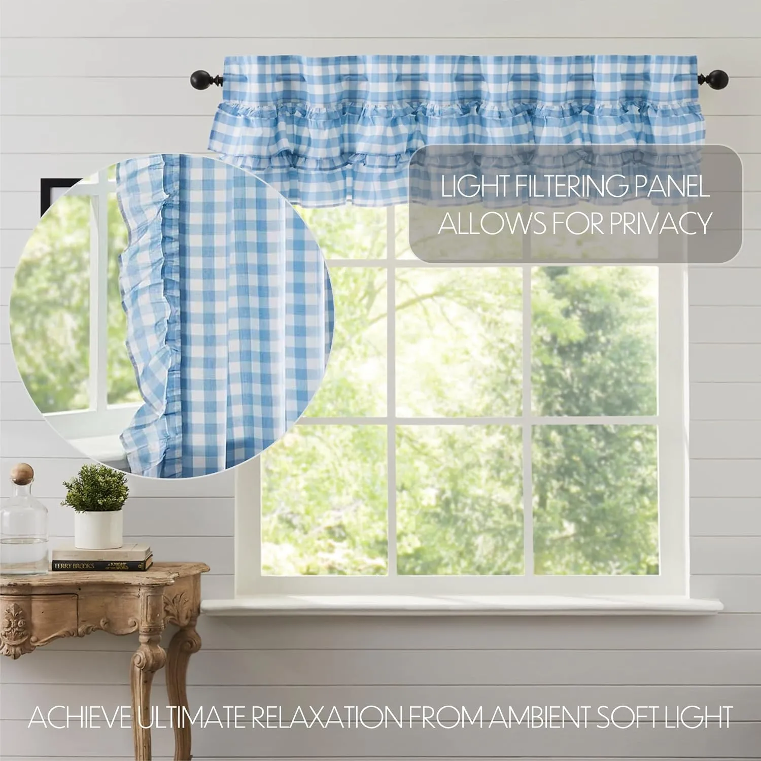VHC Brands Annie Buffalo Blue Ruffled Check Farmhouse Kitchen Curtain Valance 16x72