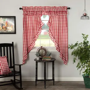 VHC Brands Annie Buffalo Check Cotton Farmhouse Curtains Rod Pocket Drawstring Ties Ruffling Prairie Panel Pair, Red Country