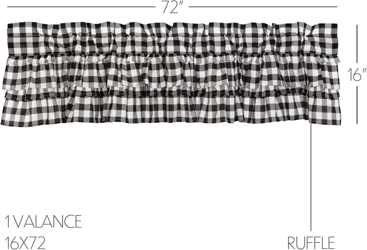 VHC Brands Annie Buffalo Check Cotton Farmhouse Kitchen Curtains Rod Pocket Hanging Loops Ruffling 16x72 Valance, Black Country