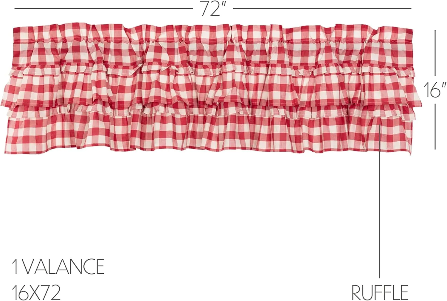 VHC Brands Annie Buffalo Check Cotton Farmhouse Kitchen Curtains Rod Pocket Hanging Loops Ruffling 16x72 Valance, Red Country