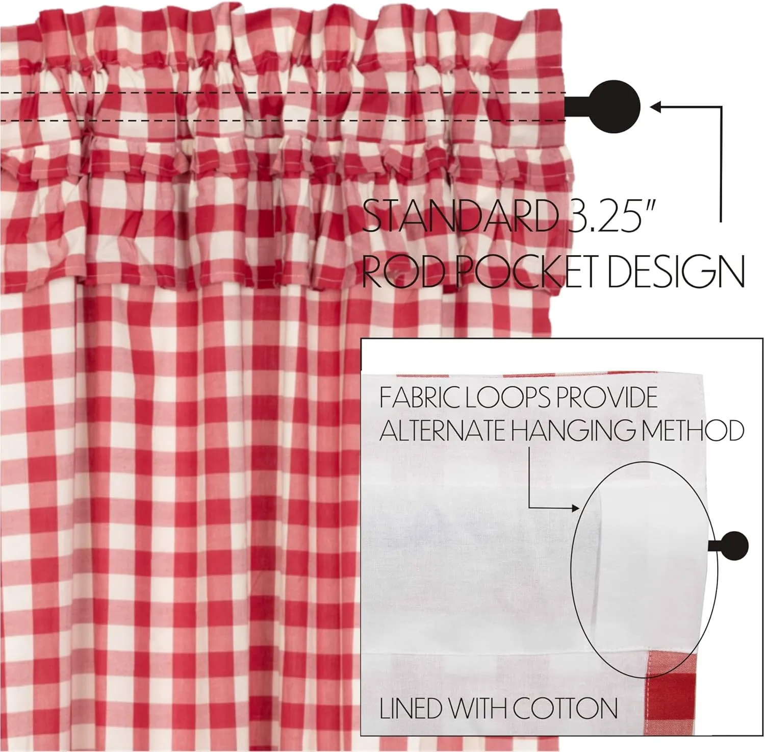 VHC Brands Annie Buffalo Check Cotton Farmhouse Kitchen Curtains Rod Pocket Hanging Loops Ruffling 16x72 Valance, Red Country