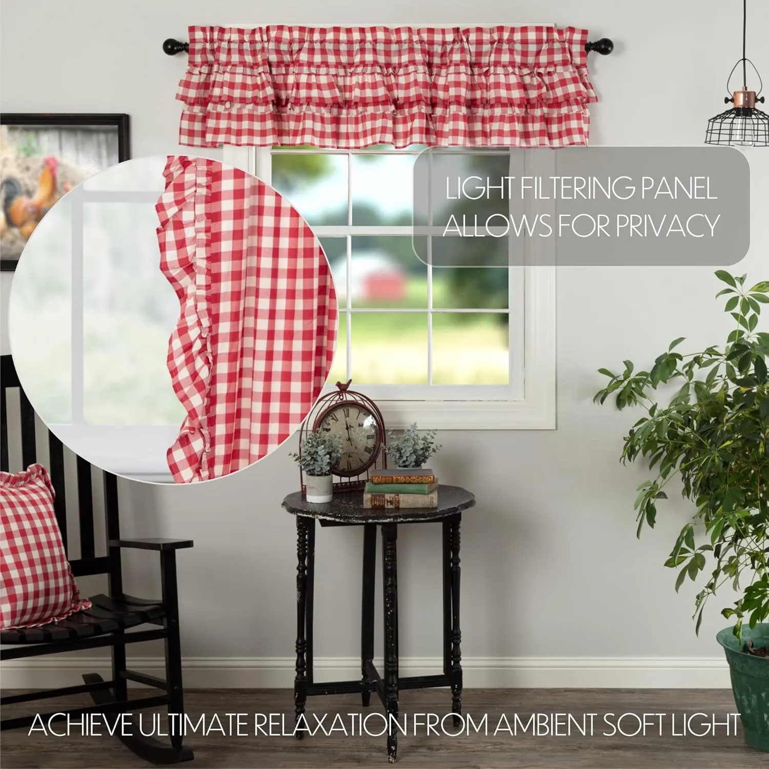 VHC Brands Annie Buffalo Check Cotton Farmhouse Kitchen Curtains Rod Pocket Hanging Loops Ruffling 16x72 Valance, Red Country