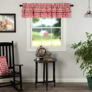 VHC Brands Annie Buffalo Check Cotton Farmhouse Kitchen Curtains Rod Pocket Hanging Loops Ruffling 16x72 Valance, Red Country