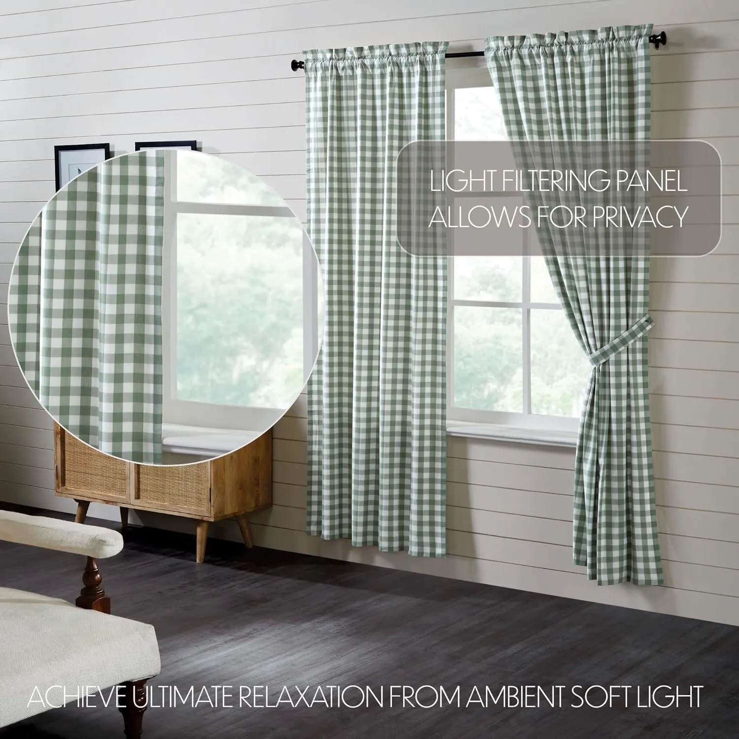 VHC Brands Annie Buffalo Check Farmhouse 84"x40" Panel Pair Green Rod Pocket Cotton Tie Back(s) Window Curtains