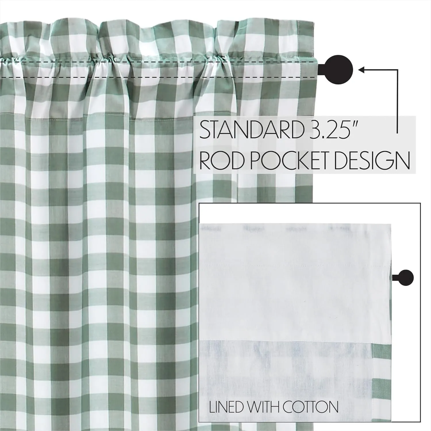 VHC Brands Annie Buffalo Check Farmhouse 84"x40" Panel Pair Green Rod Pocket Cotton Tie Back(s) Window Curtains