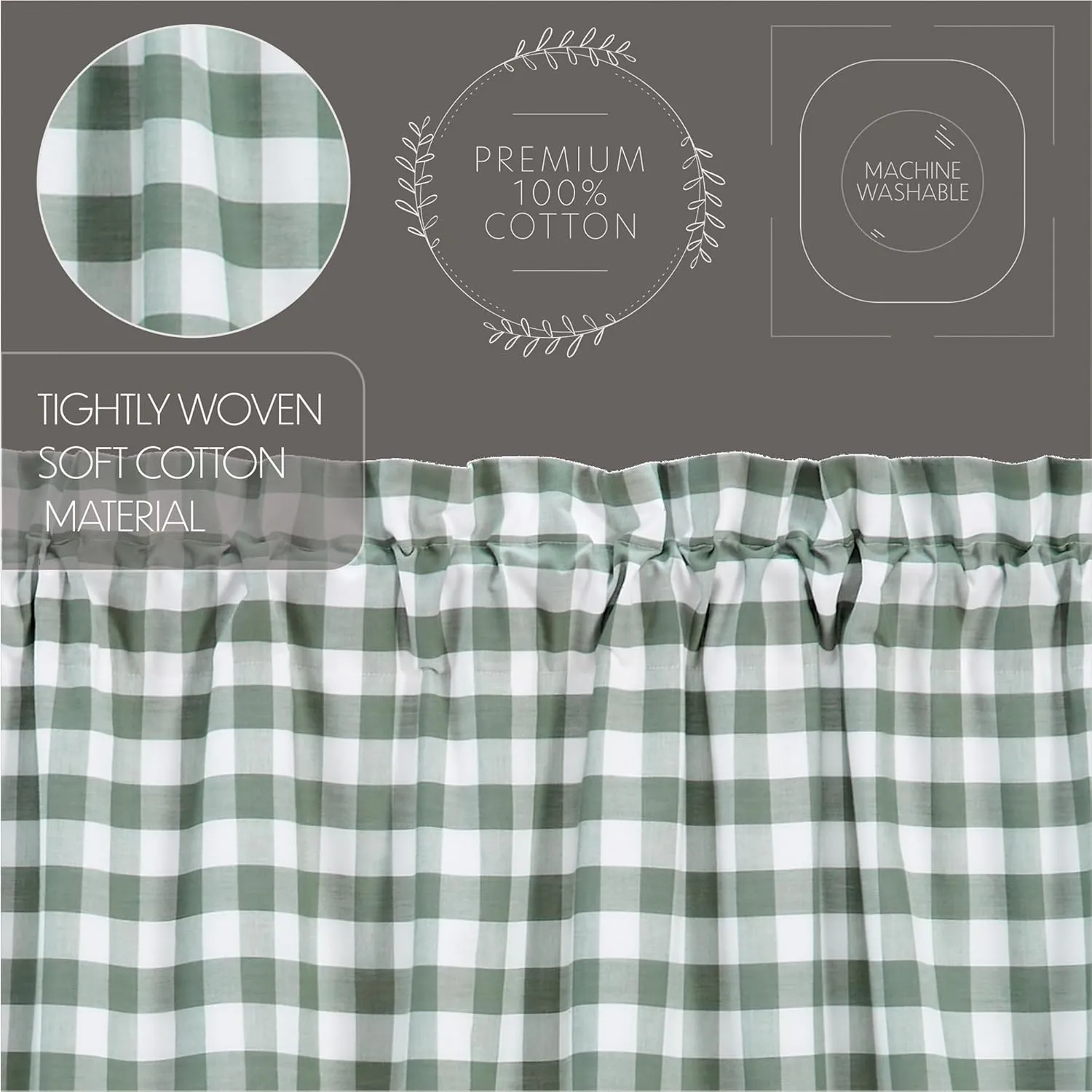 VHC Brands Annie Buffalo Check Farmhouse 84"x40" Panel Pair Green Rod Pocket Cotton Tie Back(s) Window Curtains