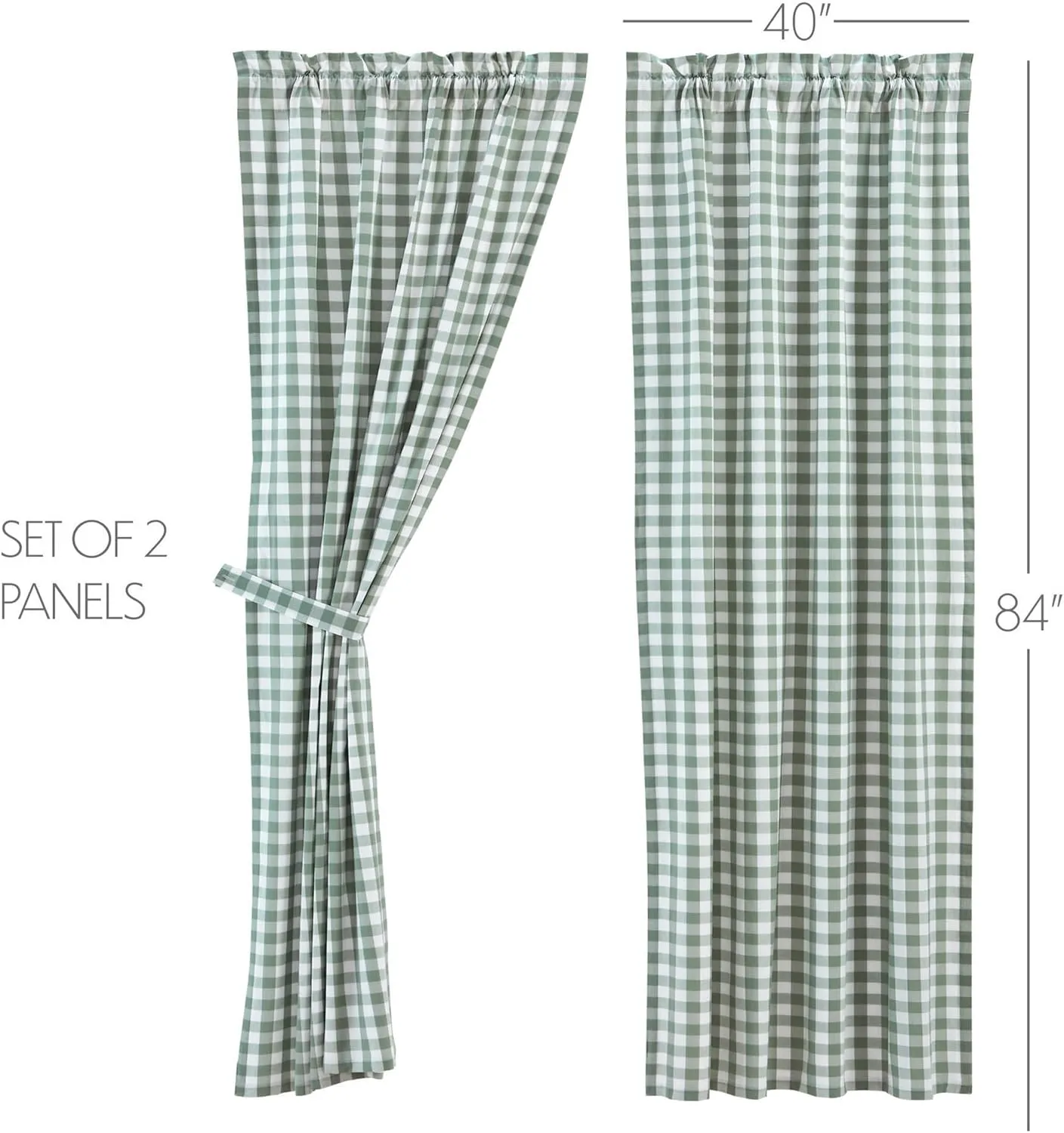 VHC Brands Annie Buffalo Check Farmhouse 84"x40" Panel Pair Green Rod Pocket Cotton Tie Back(s) Window Curtains