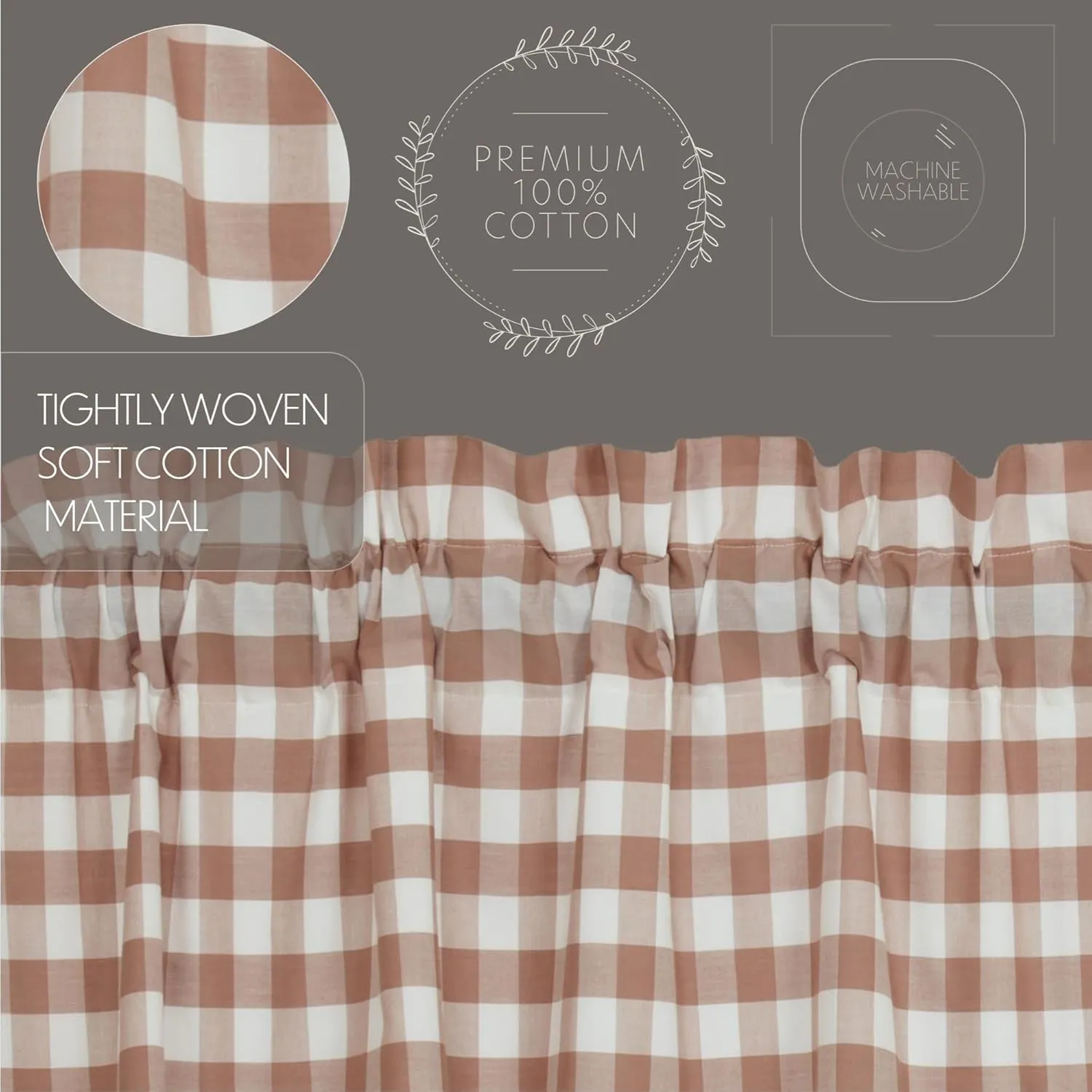 VHC Brands Annie Buffalo Portabella Brown Check Farmhouse Tier Curtain Set 24x36