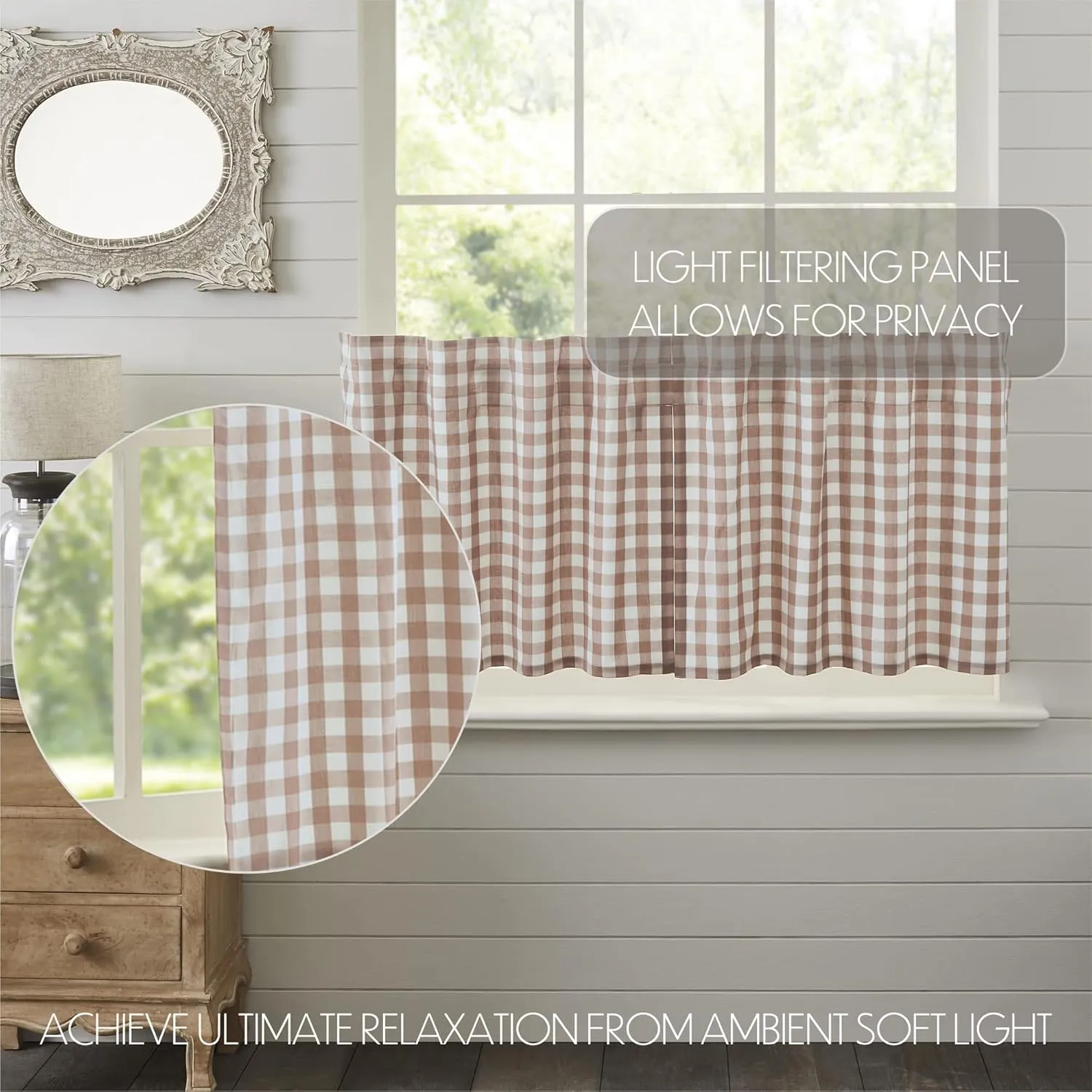 VHC Brands Annie Buffalo Portabella Brown Check Farmhouse Tier Curtain Set 24x36