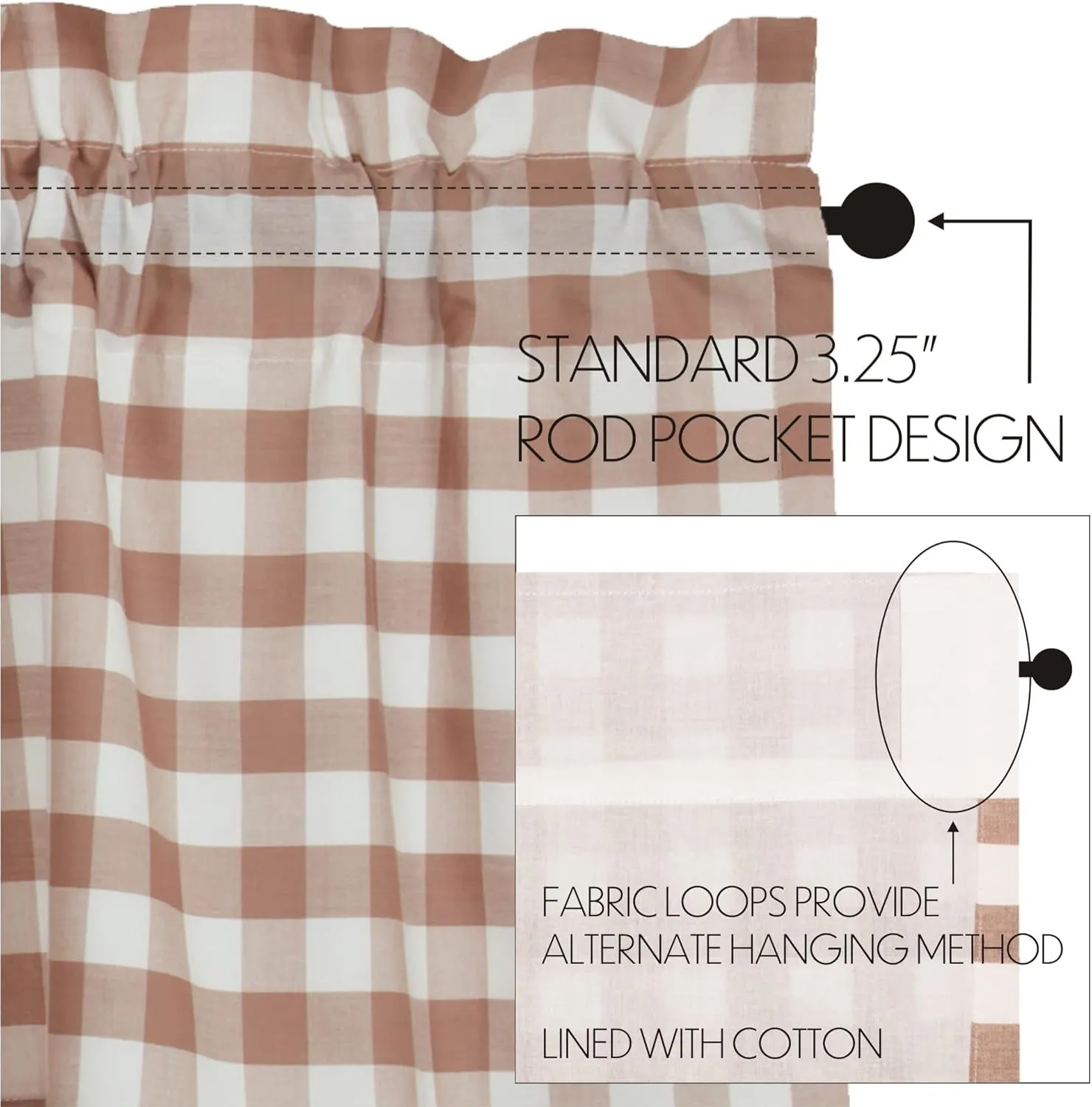 VHC Brands Annie Buffalo Portabella Brown Check Farmhouse Tier Curtain Set 24x36