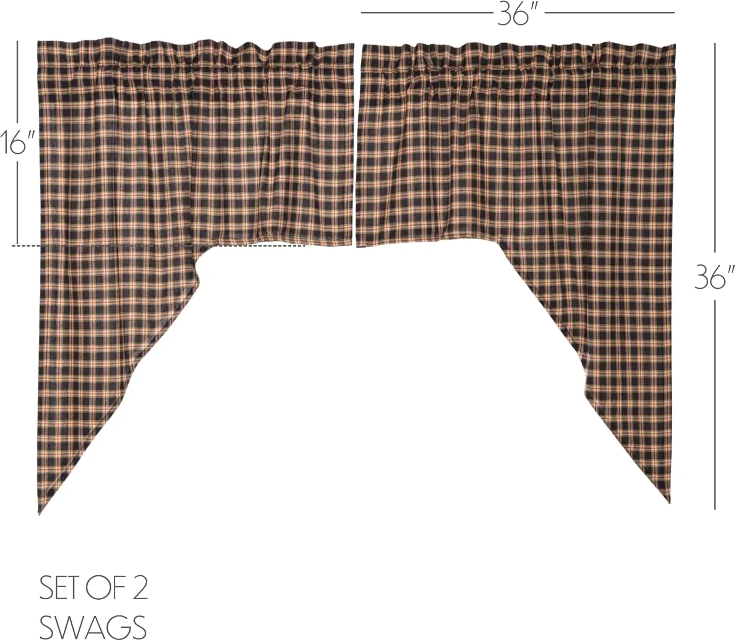 VHC Brands, Bingham Star, Cotton, 36x36x16, Plaid Swag, Set of 2, Black