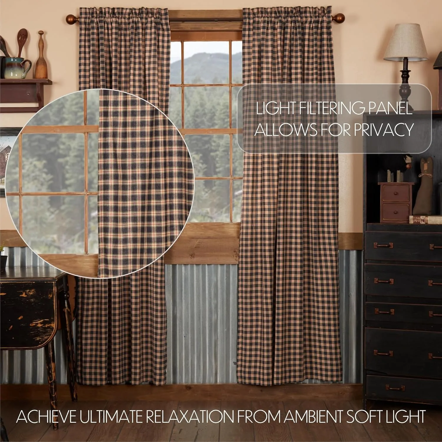 VHC Brands, Bingham Star, Cotton, 84x40, Plaid Star Panel, Set of 2, Black