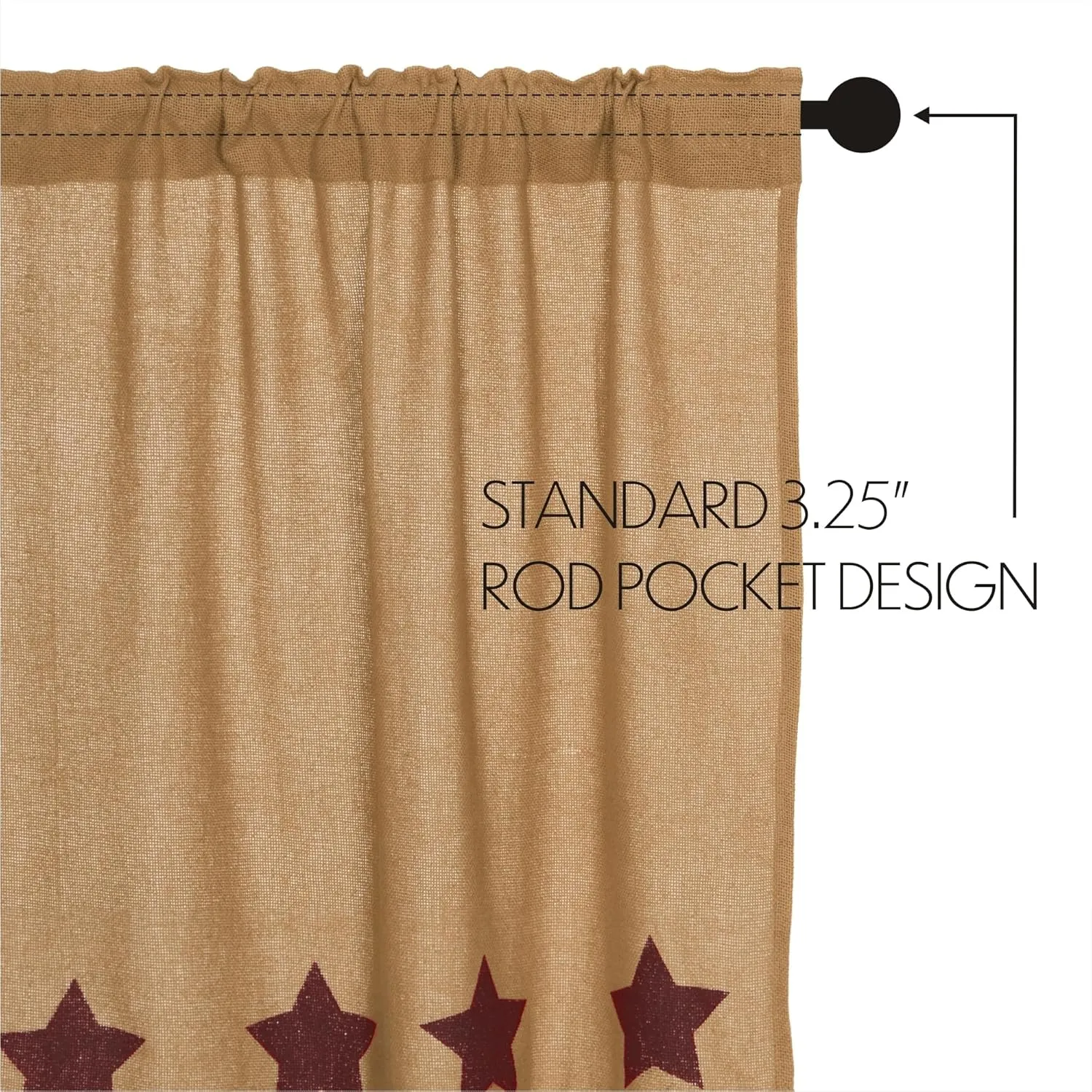 VHC Brands Burlap Natural with Burgundy Stars Primitive 24"x36" Tier Pair Tan Rod Pocket Stenciled Cotton Kitchen Window Curtains