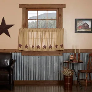 VHC Brands Burlap Natural with Burgundy Stars Primitive 24"x36" Tier Pair Tan Rod Pocket Stenciled Cotton Kitchen Window Curtains