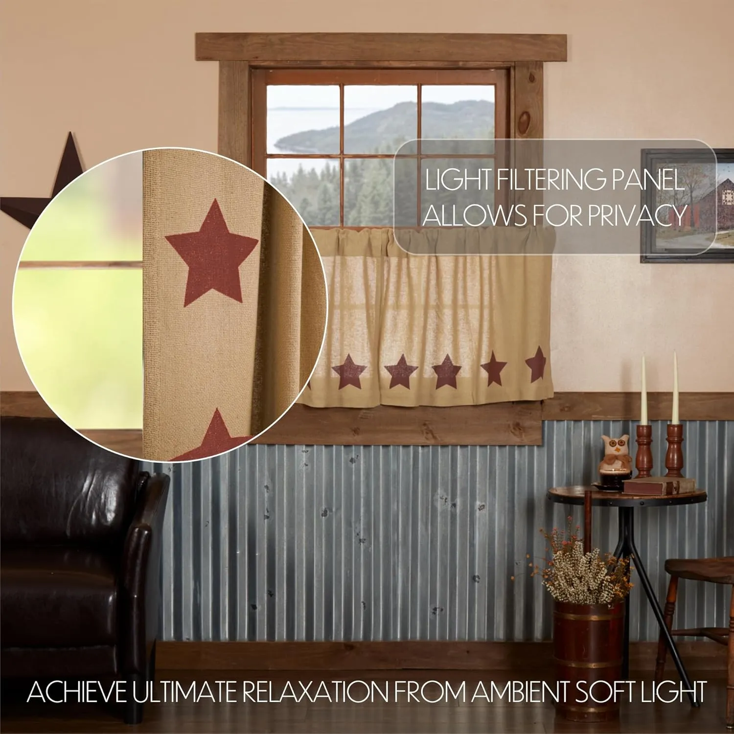 VHC Brands Burlap Natural with Burgundy Stars Primitive 24"x36" Tier Pair Tan Rod Pocket Stenciled Cotton Kitchen Window Curtains