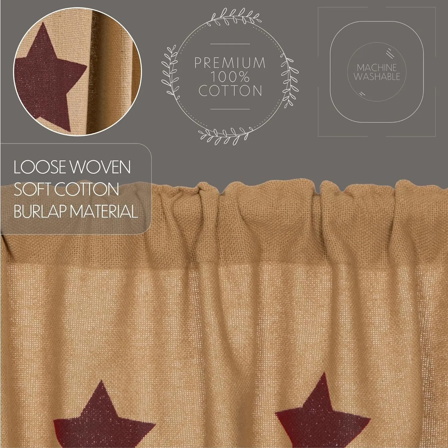 VHC Brands Burlap Natural with Burgundy Stars Primitive 24"x36" Tier Pair Tan Rod Pocket Stenciled Cotton Kitchen Window Curtains